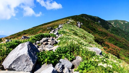 A stony path climbs a grassy mountain ridge under a blue, slightly cloudy sky
