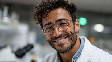Obraz premium Smiling Male Scientist in Laboratory with Microscope, Wearing Glasses and White Coat, Engaged in Research and Laboratory Activities