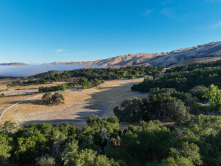 Obraz premium The Carmel Valley in Central California in a Coastal Hills Habitat looking at a UAV Drone View of the Fields, Oak Groves, and Grasslands
