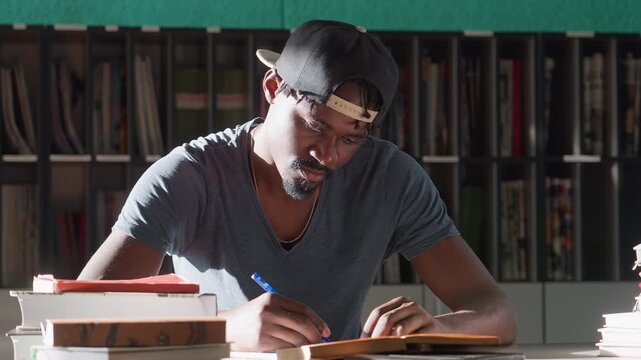 Close up of focused male student in cap writing notes in open book at library desk, sunlit shelves behind, concentrated posture, stacks of textbooks surround workspace during intense study