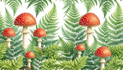 Vivid ferns and toadstools artfully combine in a whimsical, vibrant pattern