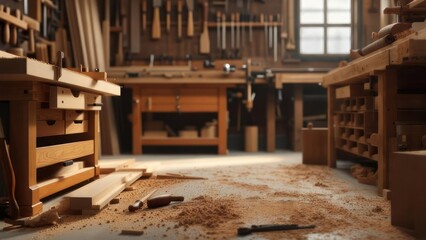 Woodworking shop with tools and sawdust