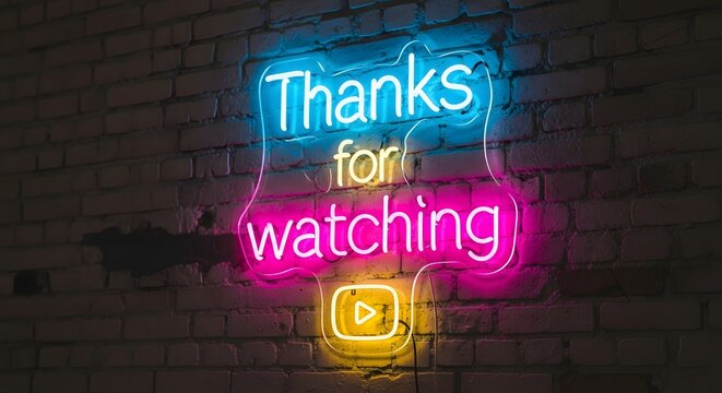 Neon sign saying thanks for watching with youtube play button