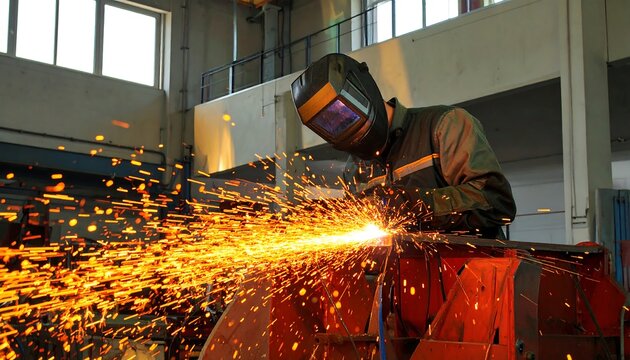 Welder in protective gear working with sparks flying in an industrial setting