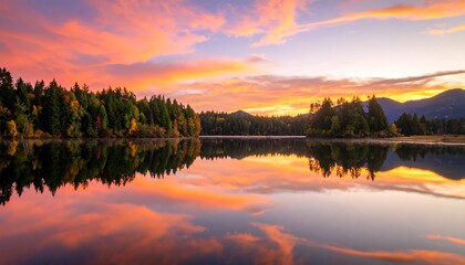 Naklejka premium Serene lake reflecting vibrant sunrise
