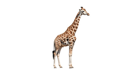 Naklejka premium Giraffe standing tall detailed view isolated on white background.