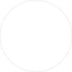 This is a minimalist graphic image featuring a large circle composed entirely of small, black dots. These dots are evenly spaced and form a perfect circular outline against a plain.