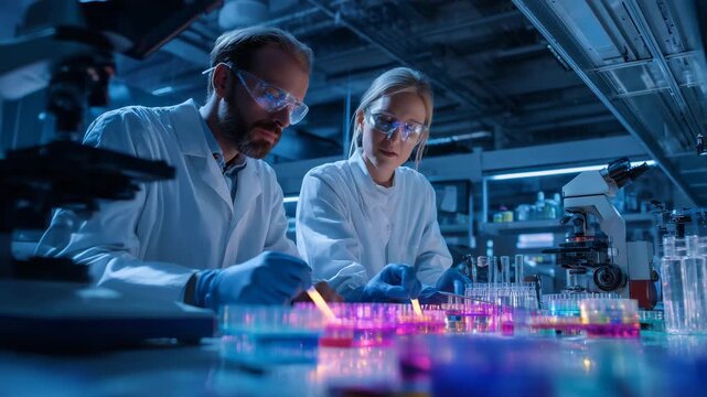 Two scientists in crisp white lab coats and safety goggles work closely together on an advanced biotechnology project