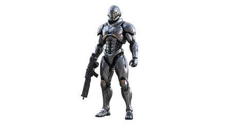 Futuristic super soldier in advanced metallic combat armor holding a rifle.