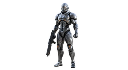Futuristic super soldier in advanced metallic combat armor holding a rifle.