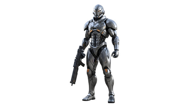 Futuristic super soldier in advanced metallic combat armor holding a rifle. - Powered by Adobe