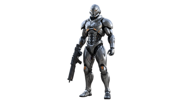 Futuristic super soldier in advanced metallic combat armor holding a rifle.