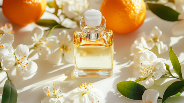 Close-up of neroli essential oil bottle surrounded by fresh bitter orange blossoms, soft natural lighting and botanical textures, palette of ivory white, citrus green, aromatherapy scene