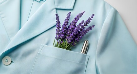 Soft Blue Aesthetic Lavender and Silver Pen in a Pastel Shirt Pocket Still Life