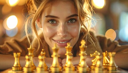 Smiling woman with gold chess set