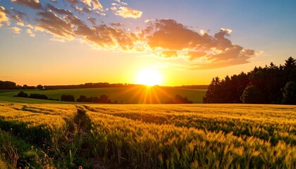 Golden field under a brilliant sunset, with trees silhouetted in the background