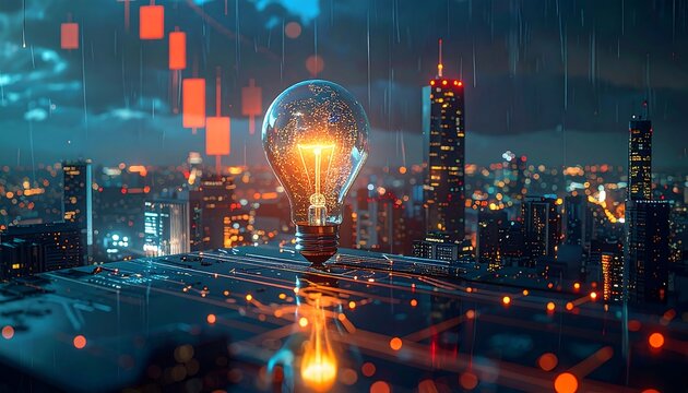 A glowing lightbulb sits atop a circuit board, reflecting the urban landscape and financial data in a digital city