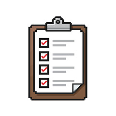Pixel art clipboard with checklist red checkmarks in boxes and grey lines on white paper with curled corner