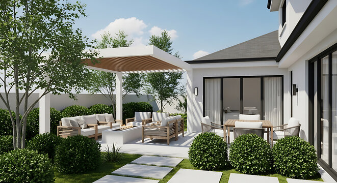 Modern backyard design featuring a sleek pergola, comfortable outdoor seating, fire pit, dining area, and lush greenery. Clean lines and neutral color palette create a serene atmosphere.