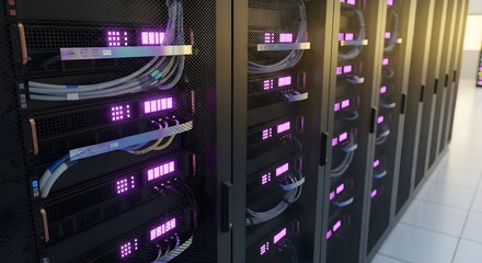 Data Center Servers High-Tech Infrastructure with Cables and Glowing Digital Displays