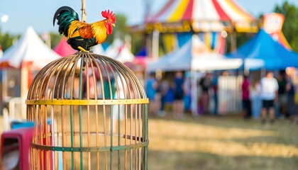 Decorative rooster atop a cage in an outdoor fair with blurry people and tents