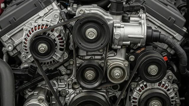 Close-up of a car engine showcasing belts, pulleys, and mechanical components.