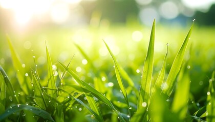 Lush green grass blades covered in morning dew