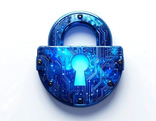 Futuristic, blue padlock with circuit board design