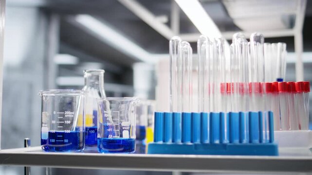 High tech chemistry lab equipment and computer in empty research facility, showcasing bioscience and pharmacology tools. Scientific environment highlights innovation in genetics and diagnostics.