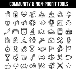 Community and Non-Profit Tools Line Art Icons Set for Social Good and Charity Organizations