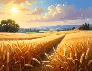 Golden Wheatfield Panoramic Landscape at Sunset