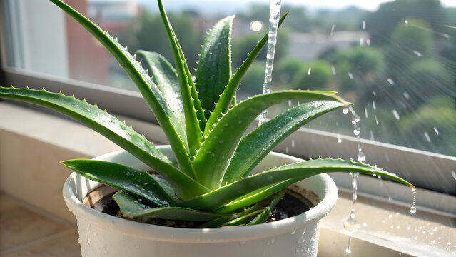 A vibrant aloe vera plant sits in a clean, modern pot, its thick, succulent leaves fanning outward in lush green radiance—deep emerald at the core, brightening to lime at the tips