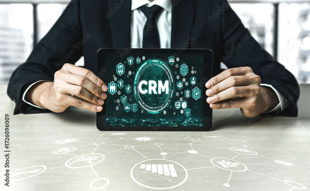 Poster customer relationship management system on modish computer for crm business and enterprise
