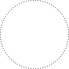 This is a minimalist graphic image featuring a large circle composed entirely of small, black dots. These dots are evenly spaced and form a perfect circular outline against a plain.