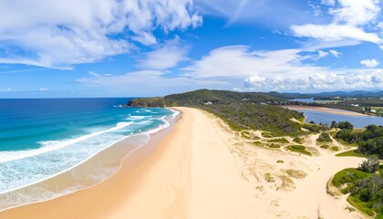 Beautiful beach landscape with turquoise ocean, golden sand, and lush greenery