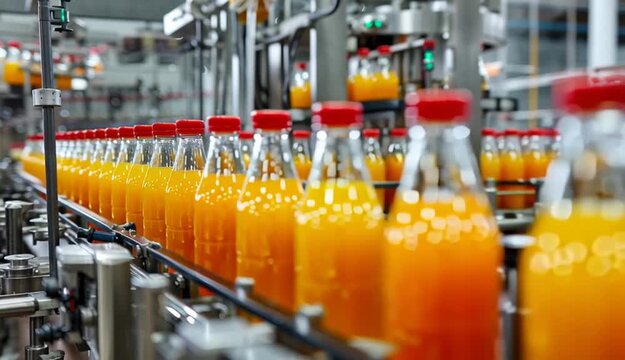 Industrial beverage bottling production line with glass bottles filled with orange juice moving on conveyor belt