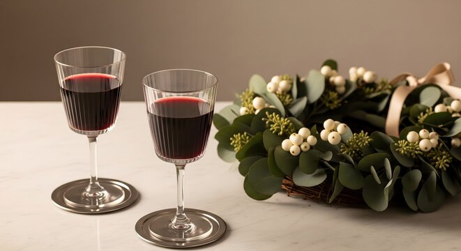 Two elegant glasses of red wine on a marble surface beside a decorative wreath with white berries and green leaves.