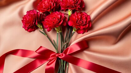 Elegant red roses on satin background with flowing red ribbon accent - Powered by Adobe