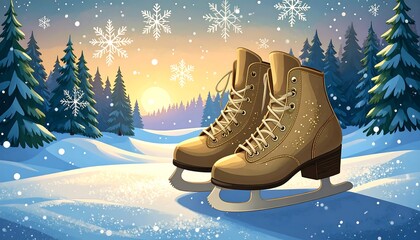 Illustration of ice skates on snow with evergreen trees and a winter sunset
