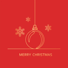 Merry christmas elegant minimalist line art greeting card with golden ornament and snowflakes.
