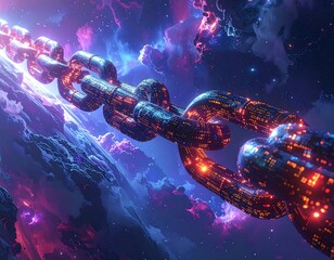 Futuristic chain traversing a nebula