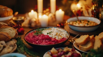 Cozy Christmas Eve Dinner Table with Beetroot Dip and Bread