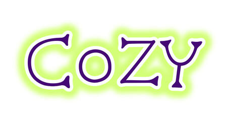 CoZY glowing typography with playful purple letters, white outline, and vibrant green glow effect, perfect for seasonal branding, cozy themes, or decorative digital art projects