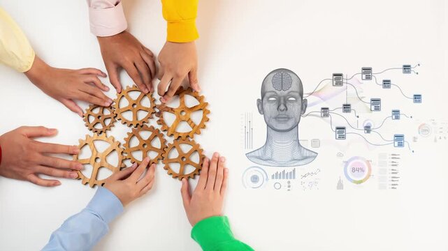 Hands collaborate with gears, depicting teamwork and innovation. A brain diagram illustrates data analysis, highlighting cognitive processes for effective business development. Raster