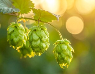 Obraz premium Sunlit hops on vine, ripe and green