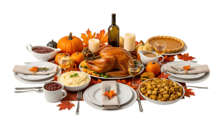 Thanksgiving dinner spread with roasted turkey mashed potatoes stuffing and pumpkin pie.