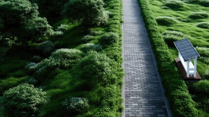 Pathway Leads To Tiny House With Solar Panels on Lush Green Field With Abundant Bushes and Trees Environmentally Friendly Renewable Energy