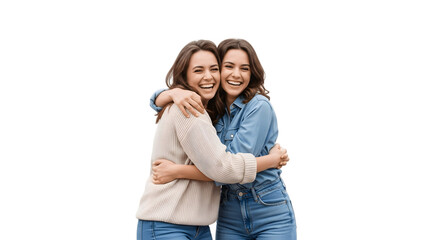 Naklejka premium Two happy young women embracing joyfully.