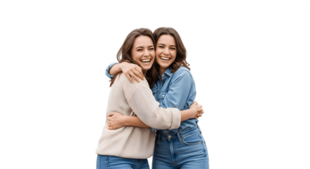 Two happy young women embracing joyfully.