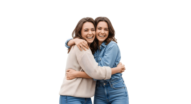 Two happy young women embracing joyfully.